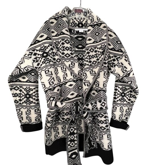 Veronica Beard Sweaters - Veronica Beard Wool Sweater Jacket Shawl Collar Belt Aztec Tribal Jacquard Large